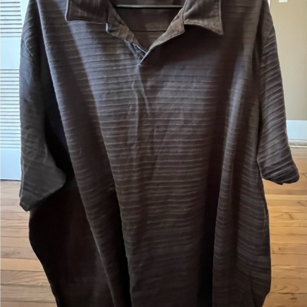 Perry Ellis Polo Shirt Mens Big & Tall 2XLT Dark Brown Striped Cotton Blend